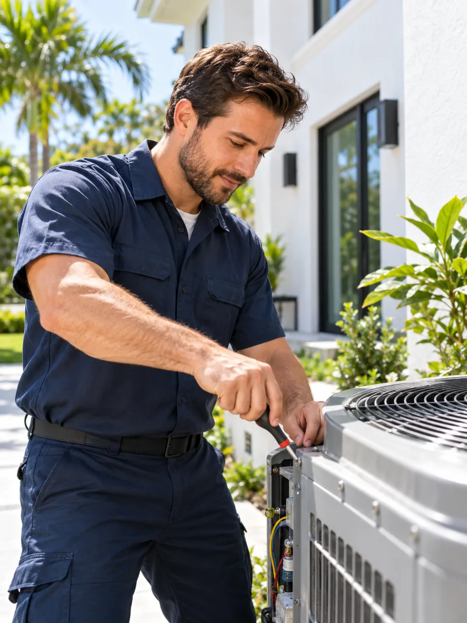 HVAC technician servicing a residential air conditioning system